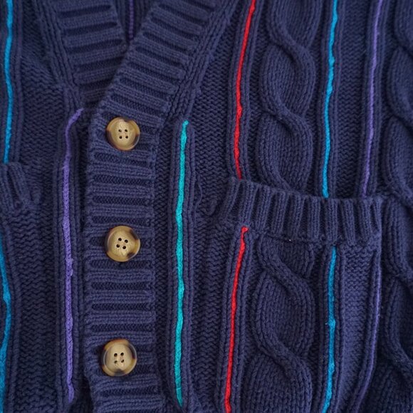VTG Leo Chevalier Sport Navy Multicolor Stripe Cable Net 100% Cotton Cardigan M - Picture 5 of 9